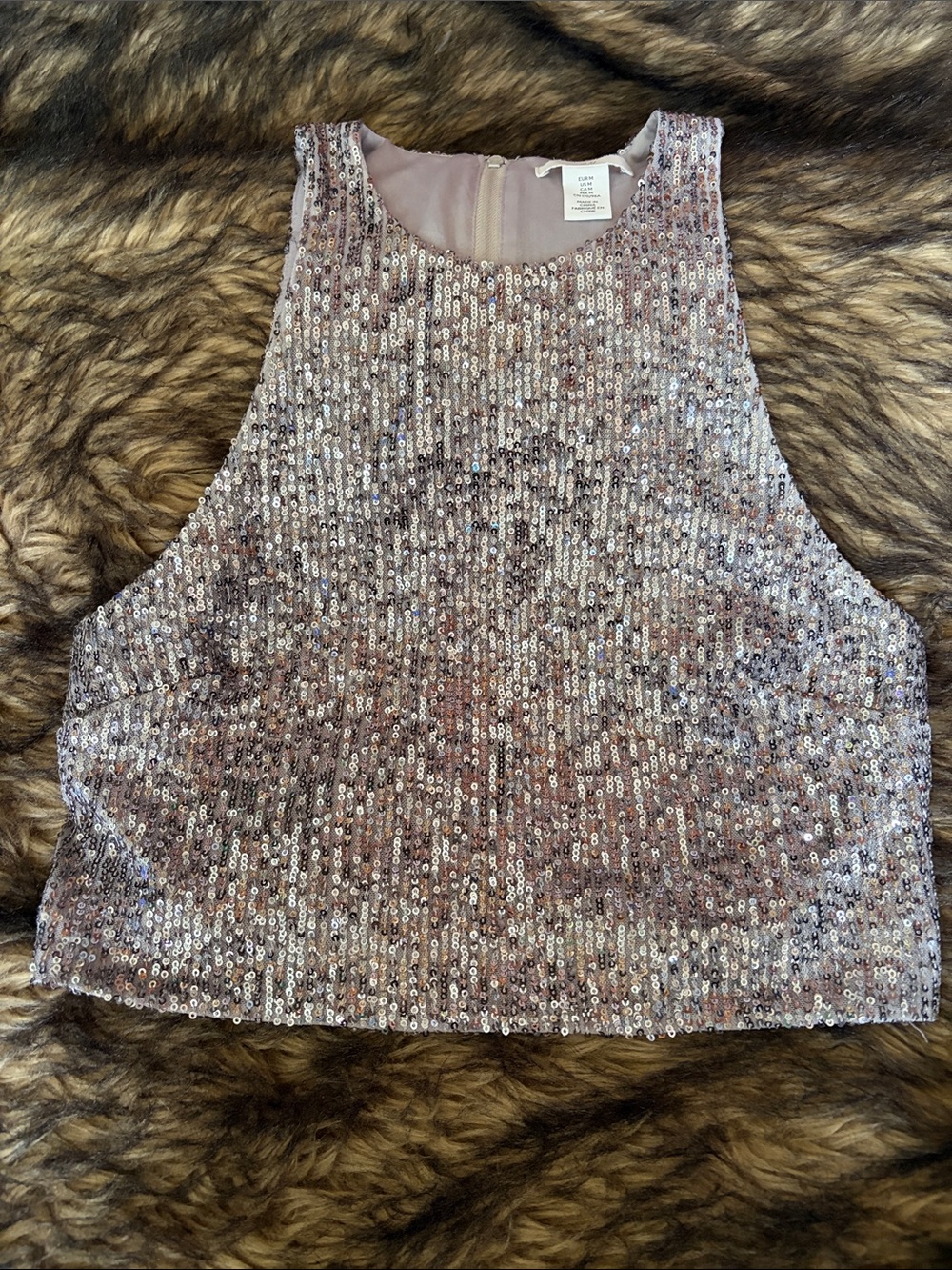 H&M Silver Sequin Cropped Tank Top Scoop Neck Sleeveless Zip Back Size Medium